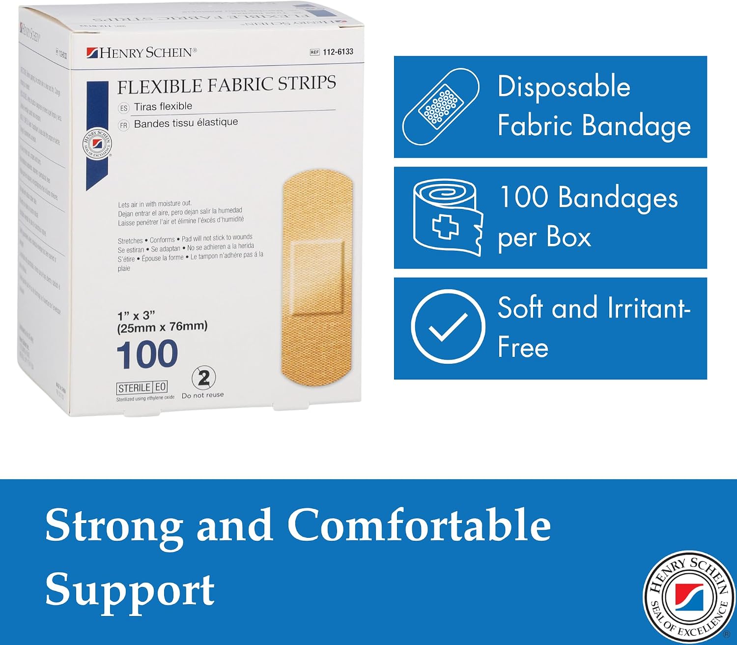 Henry Schein Fabric Adhesive Bandages, 1" x 3" Sterile Strips | Bulk Case of 1,500 (15 Boxes of 100) | Breathable, Latex-Free First Aid Bandages for School Nurses, Offices & Businesses
