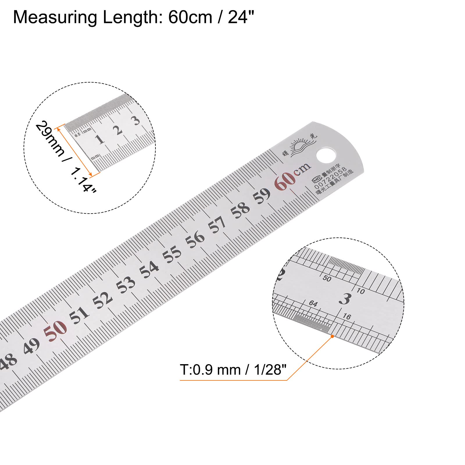 sourcing map Regla de Acero Inoxidable, 24" de Longitud x 1/28" de Espesor x 1-1/7" de Ancho, Herramientas de Medición de Borde Recto para Carpintería Pintura Artesanía, Tono Plateado