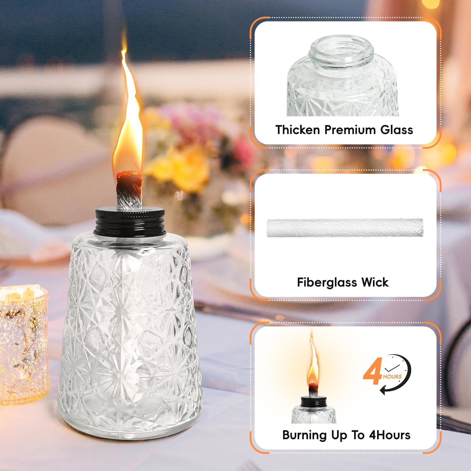 Lot de 3 lampes à huile en verre transparent avec 3 mèches pour décoration intérieure ou extérieure