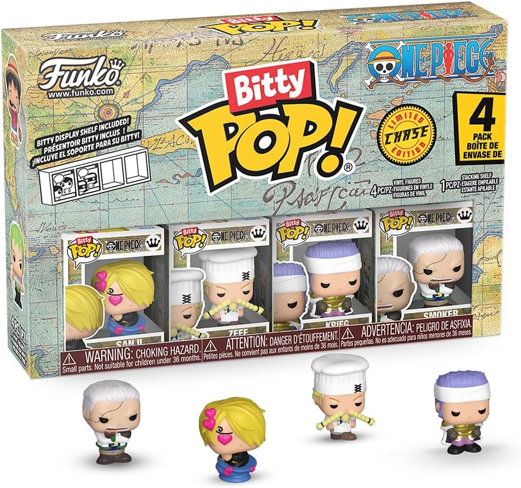 Funko Bitty Pop! One Piece - Sanji, Zeff, Kreig, and A Surprise Mystery Mini Figure - 0.9 Inch (2.2 Cm) Collectable - Stackable Display Shelf Included - Gift Idea - Party Bags Stocking - Cake Topper