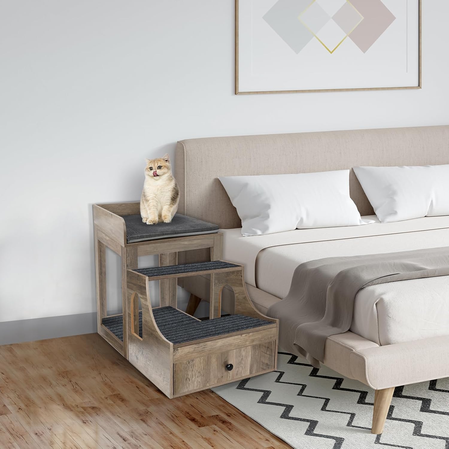 Cat Window Perch with Removable Stairs, Large Pet Bunk Bed with Drawer and Cushion for Cats and Dogs, Strong Frame Pet Bed for Bedside, Home, Indoor, Grey