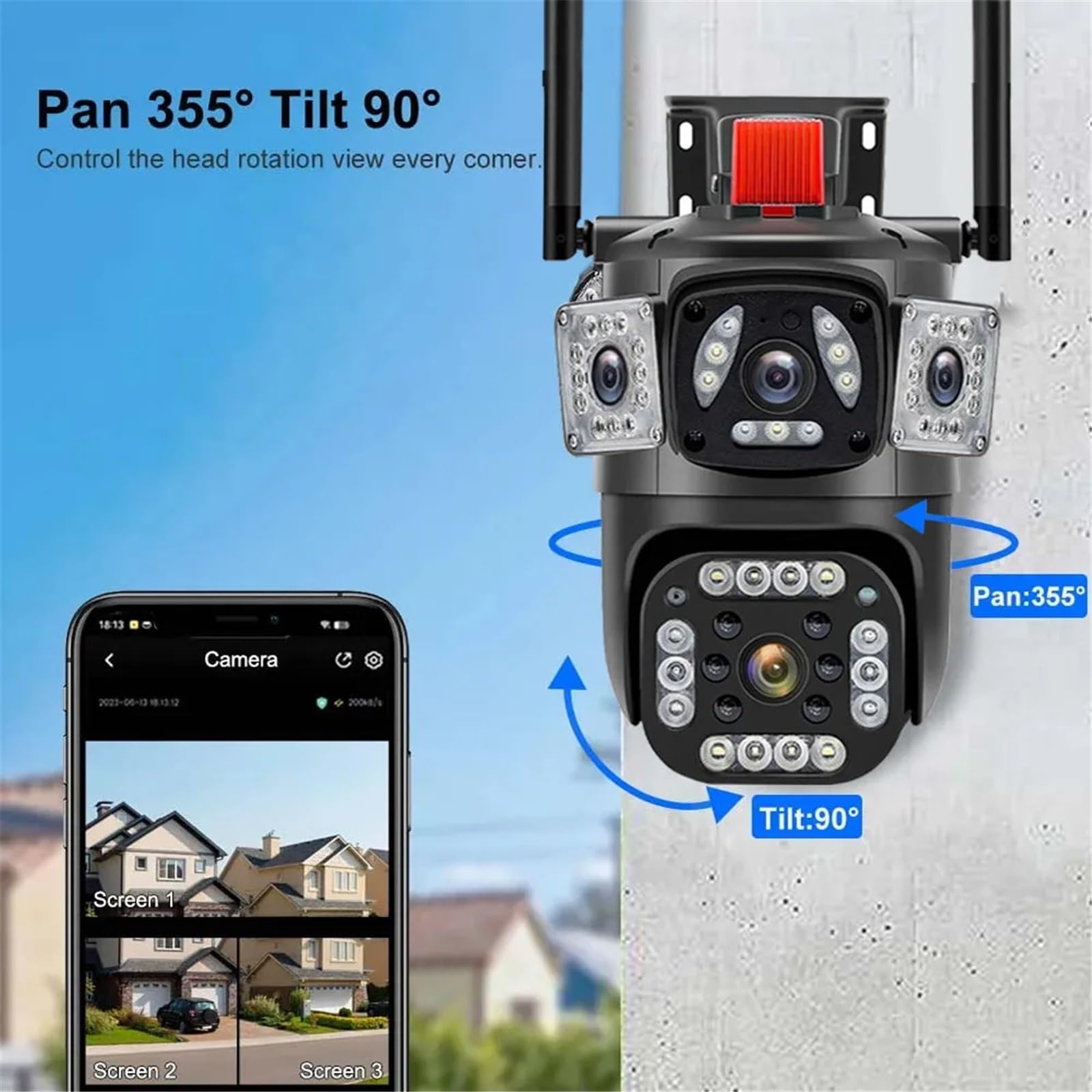 6MP Three Lens PTZ IP Camera With Three Screen Auto Tracking Ai Human Detection Wireless Security CCTV Surveillance Cameras(6MP Camera Add 128G)