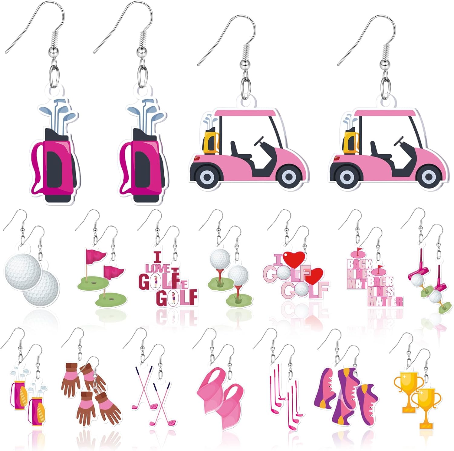 16 Pairs Golf Earrings for Women Golf Ball Cart Dangle Drop Earrings Jewelry Dangle Decors Sport Game Day Birthday Accessories Gifts for Golfer Golfing Lovers
