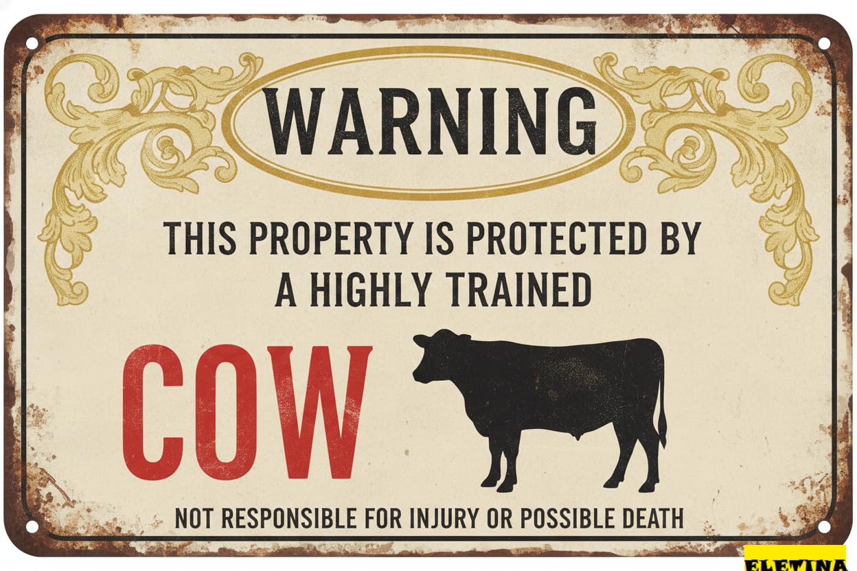 Beware Of Cow Farm Warning Tin Sign, 8x12 Inch Decor