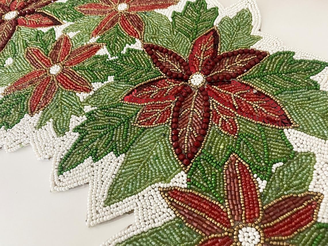 Enliven Christmas Handmade Table Runner, red and Green Floral Beaded Table Runner, Poinsettia Runner, 13x36inch