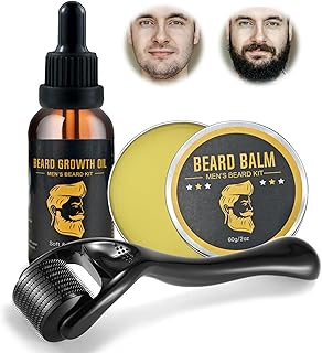 Kit Pousse Barbe avec Roller 0,25 mm,30ml Huiles de Croissance de Barbe,30g Baume à Barbe, la Croissance de la Barbe,Kit Barbe Homme,Soin Barbe Homme,Kit Barbe Homme Complet Cadeau Homme