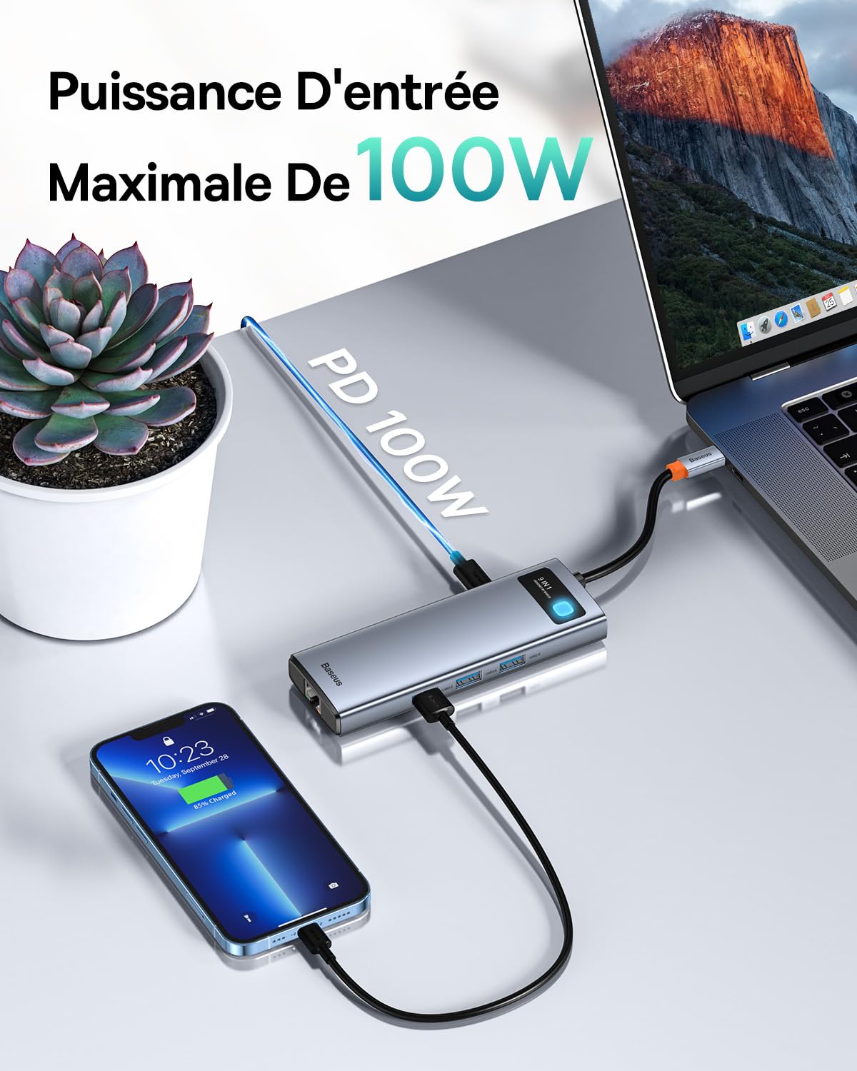 Baseus Hub 9 en 1, Dock Double Moniteur Adaptateur USB C avec 2 HDMI 4K, Gigabit Ethernet, 100W PD, SD/TF, 3 USB, Station d'accueil pour MacBook/Dell/HP/Surface/Lenovo/Steam Deck