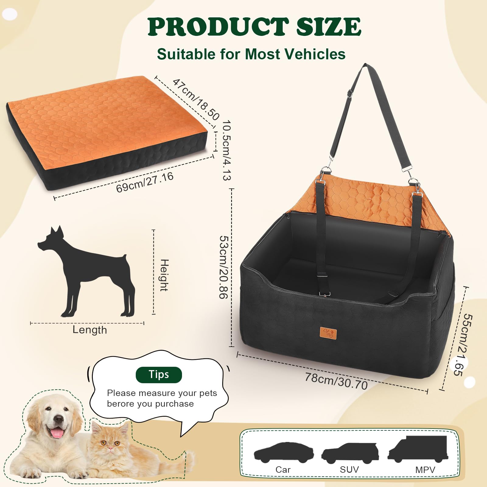 Seggiolino Auto per Cani,Rialzo Rimovibile e Lavabile per Cani di Taglia Media e Grande con Rivestimento in Pelle Impermeabile,Guinzaglio Incluso,Seggiolino Cane Auto più Pesanti(Nero brunastro)