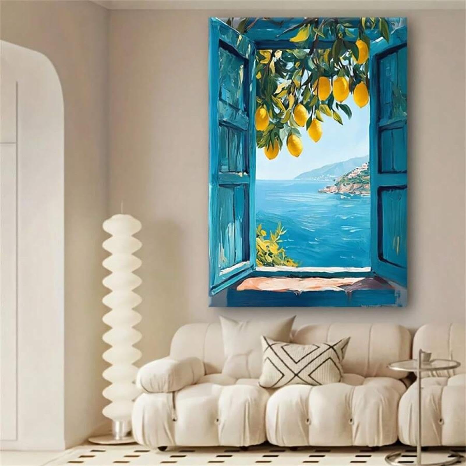 XBTYKPB Cuadros de pared con vistas al Mediterráneo, impresiones de limoneros costeros, lienzos, pósteres costeros, estética azul, 21 x 30 cm, con marco