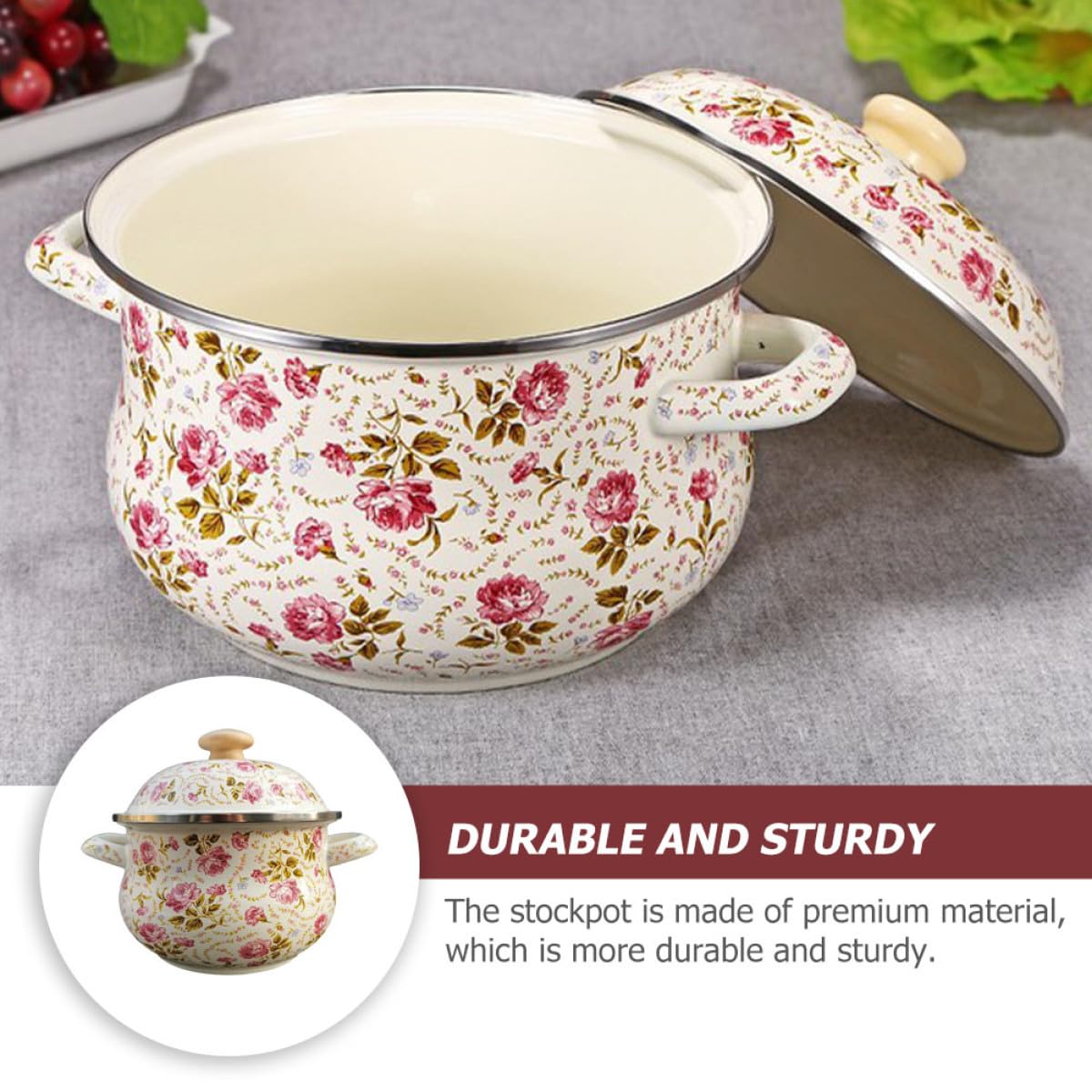 SHERCHPRY Pentola per Zuppa Casalinga in Smalto 18 Cm Doppia Maniglia e Coperchio, Pentola per Brodo Domestica a Fondo Piatto, Utensile da Cucina Pratico per Pasta, Riso e Zuppe