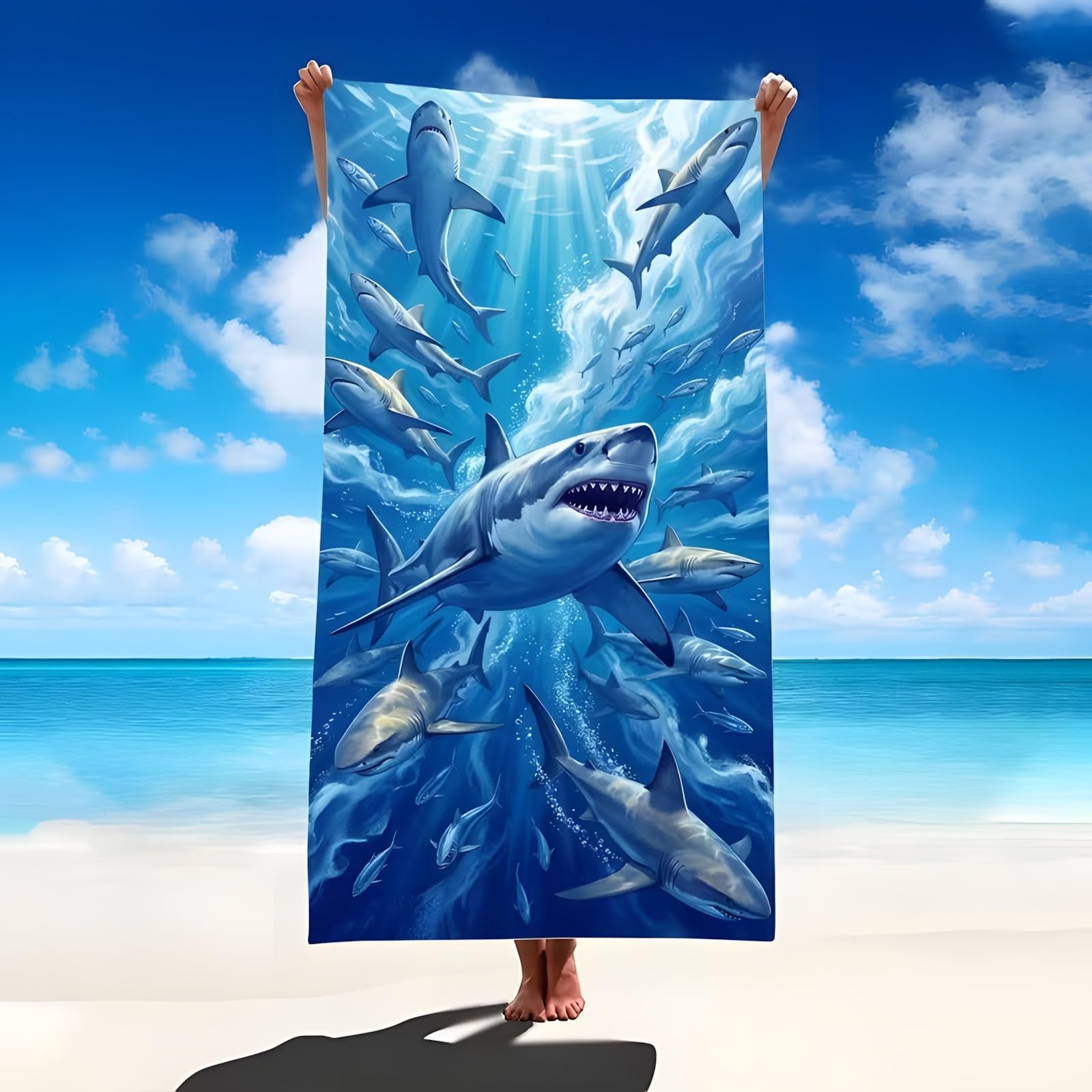YZQGLHP Shark Microfibre Beach Towel Marine Animals Beach Bath Towel Quick Drying, Lightweight, Sand-Free, Durable, for Pool, Gym, Camping, Travel Towel 90x200cm