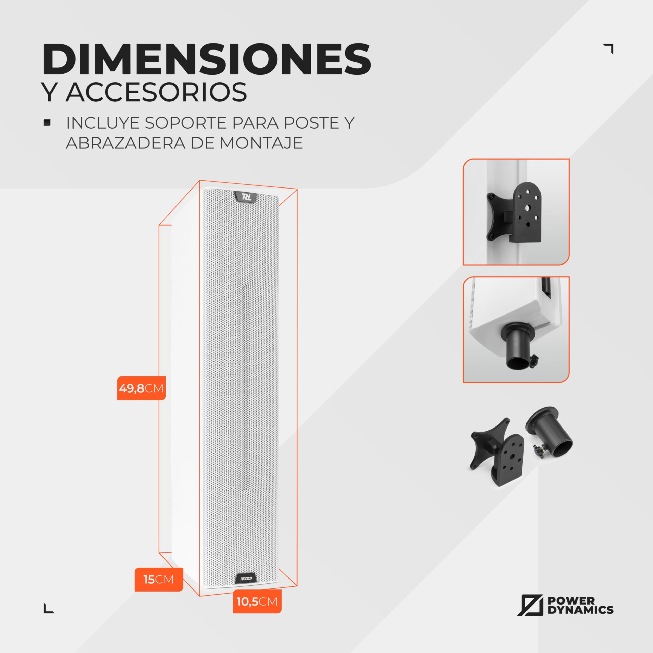 Power Dynamics PDCS403A - Altavoz de Columna Activo 260W / 130W RMS, 4 x 3 + 1" neodimio, Amplificador Integrado Clase D, Montaje en Pared o trípode, Entrada/Salida XLR, Color Blanco