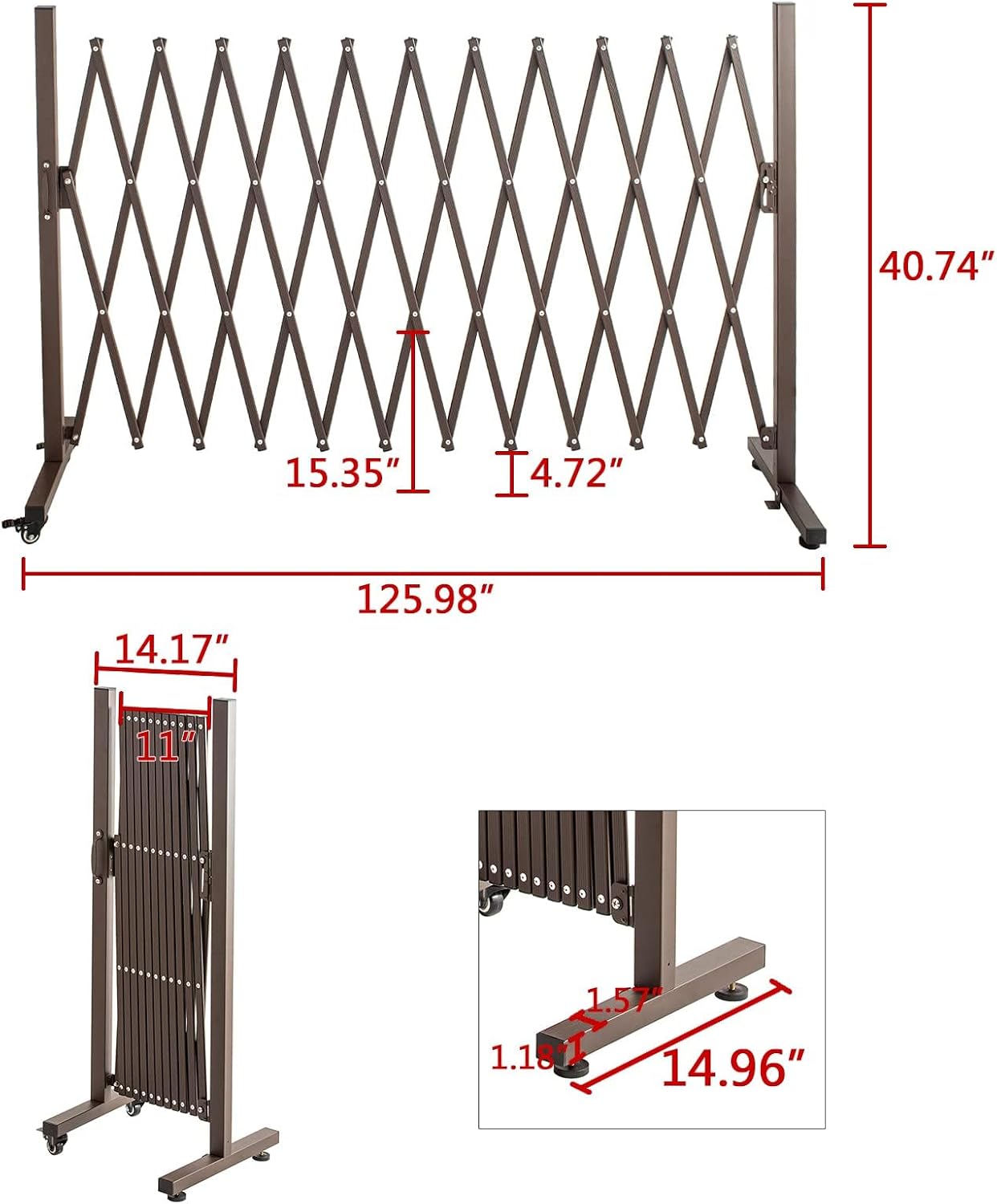 Aluminum Expandable Garden Portable Casters, Expansion Size 126×15.2×40.6 inches, Flexible Mobile Barricade Safety Barrier Pet Fence Gate Adjustable, Brown