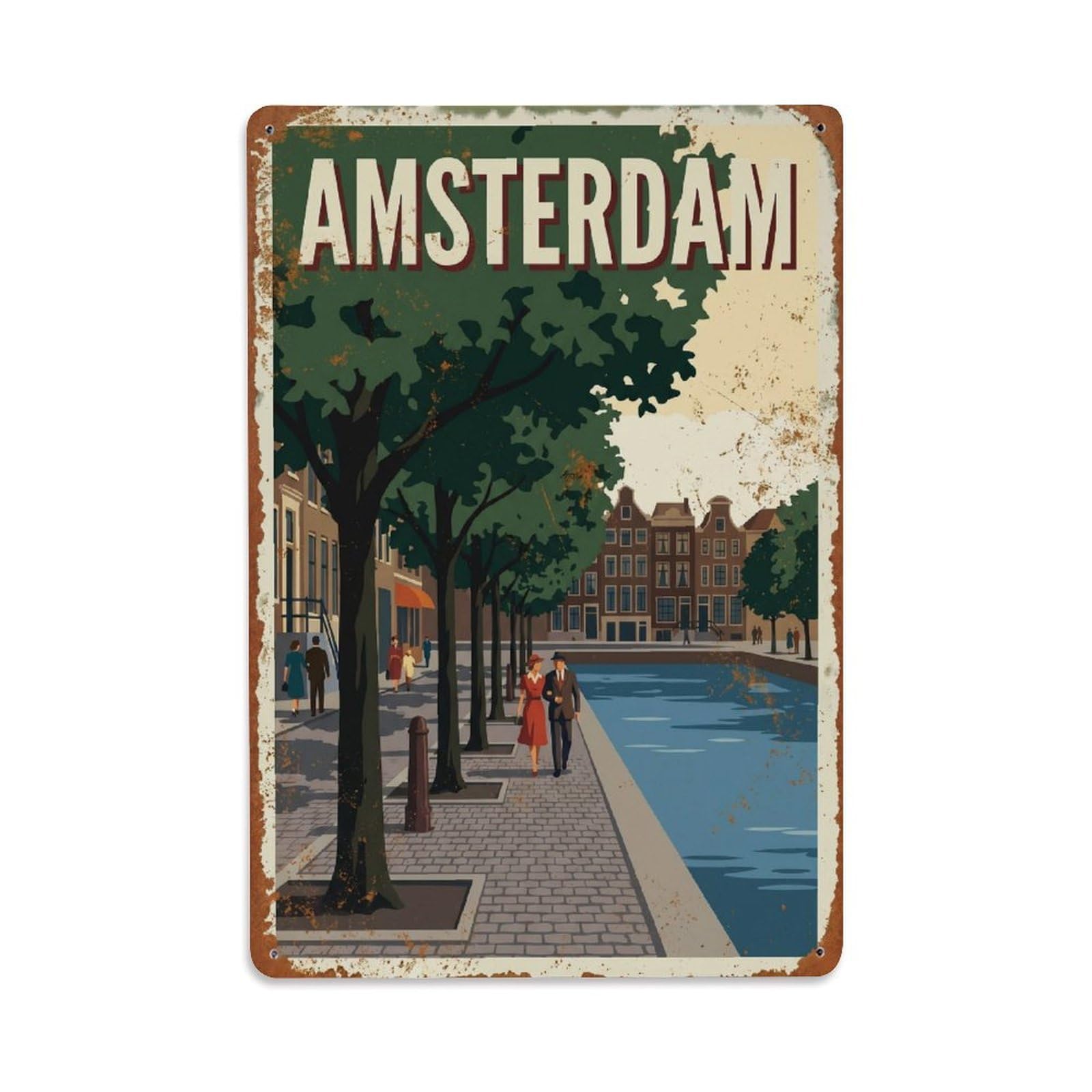 Okngb Style Amsterdam Canal Esplanade Vintage Urban Tourism Dutch Metal Tin Sign Plaque Wall Decor For Cafe, Man Cave, Club Bar, Office, Home Garden Round Metal Poster 8X12inch