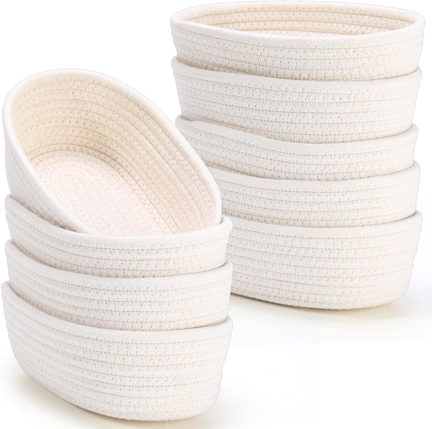 Yinkin 12 Pack Small Storage Basket Cute Natural Cotton Rope Woven Basket Tiny Boho Decorative Toy Storage Bin Gift Baskets for Home Organizing, Closet, Shelf, Nursery, Bathroom(Oval,Beige)