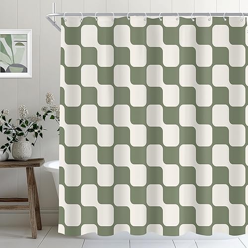 Cinbloo Cortina de ducha retro verde salvia a cuadros de 72 pulgadas de ancho x 72 pulgadas de alto, abstracto, Y2K, lindo tablero de ajedrez beige,