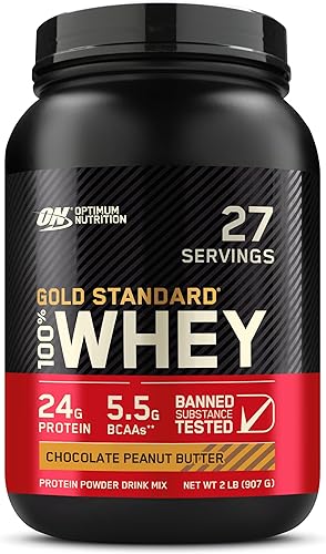 Miniatura 1 de Optimum Nutrition Gold Standard 100 proteína de suero en polvo mantequilla de maní de chocolate 2 libras el embalaje puede variar