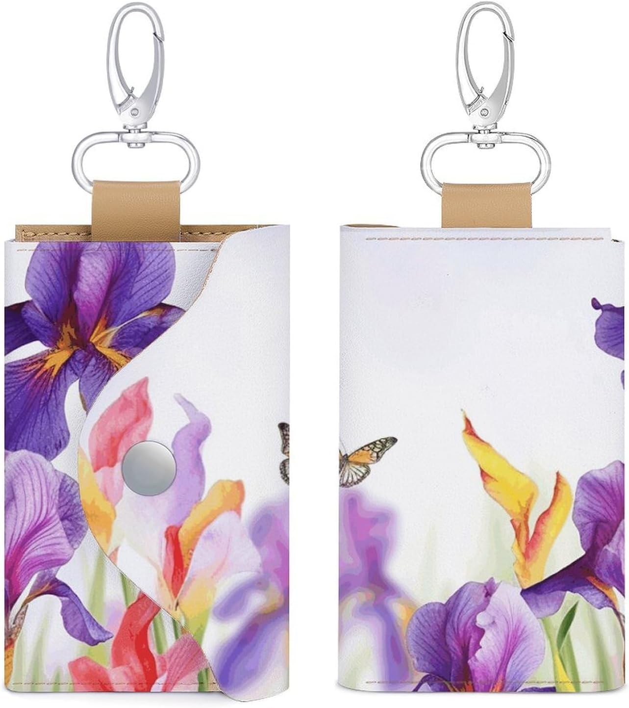 Iris Flower Butterfly Key Pouch, PU Leather Key Holder, Personalized Snap Closure Key Bag with Card Slot & Coin Pocket, Portable Key Organizer for Car Keys House Keys, Men Women