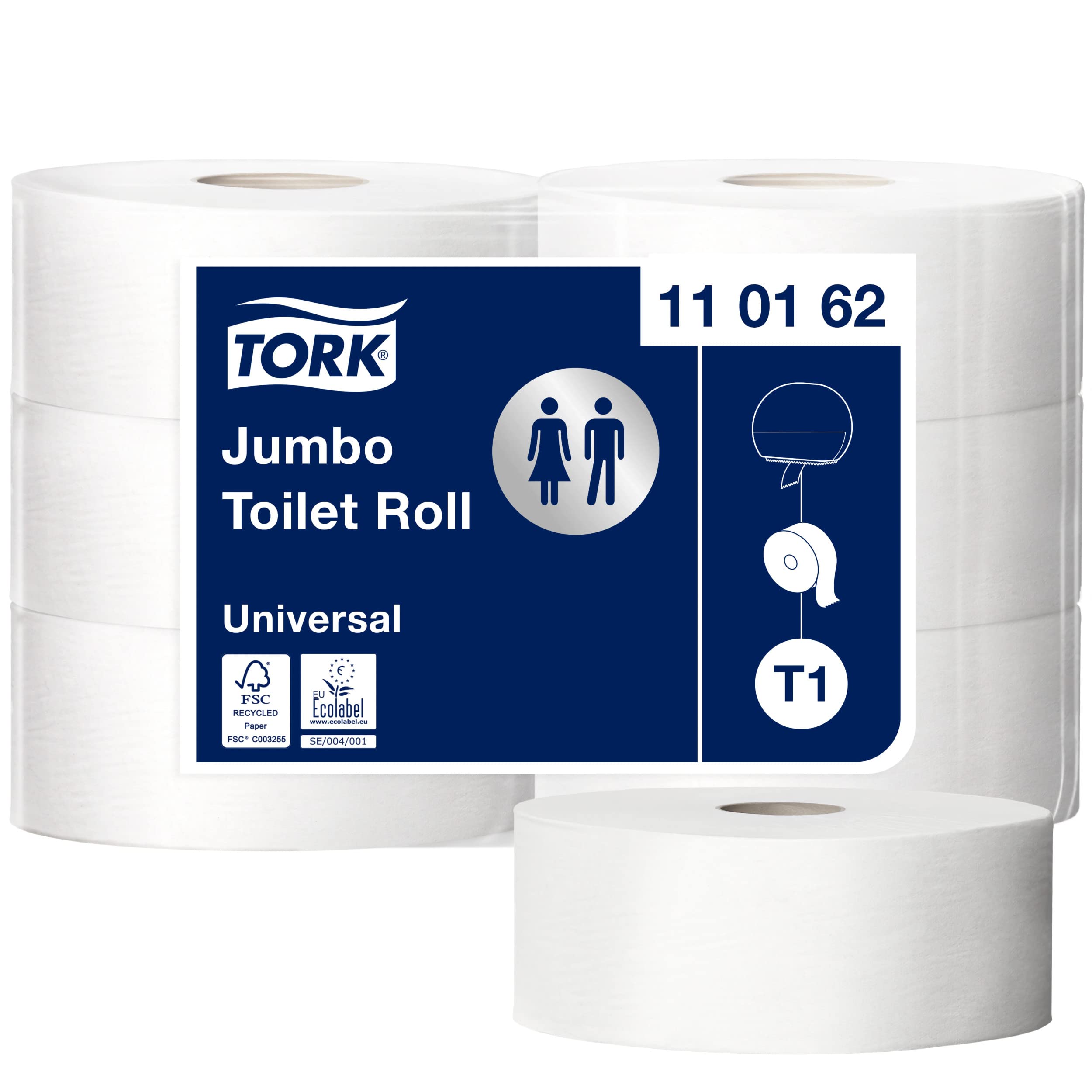 Tork 110162 Jumbo papier toaletowy w jakości Advanced do systemu Tork T1 Jumbo / 1-warstwowy papier toaletowy w kolorze białym/z wytłoczonym liściem laurowym, 6 x 2500 arkuszy