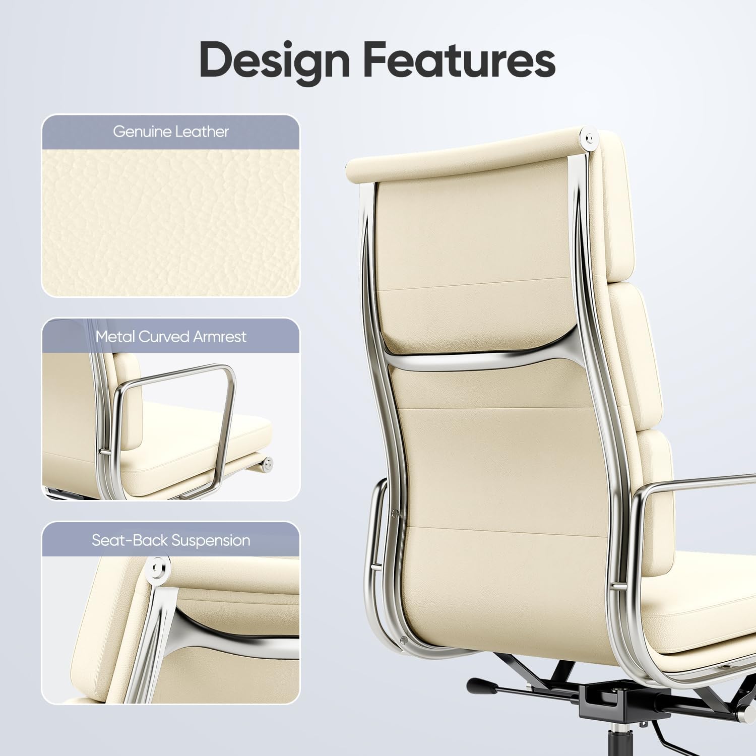 High-Back Executive Genuine Leather Office Chair, with Aluminum Arms and 5-Star Base, Modern Rolling Desk Chair with Silent Wheels, Lumbar Support, High-Adjustable, Tilting for Home & Office