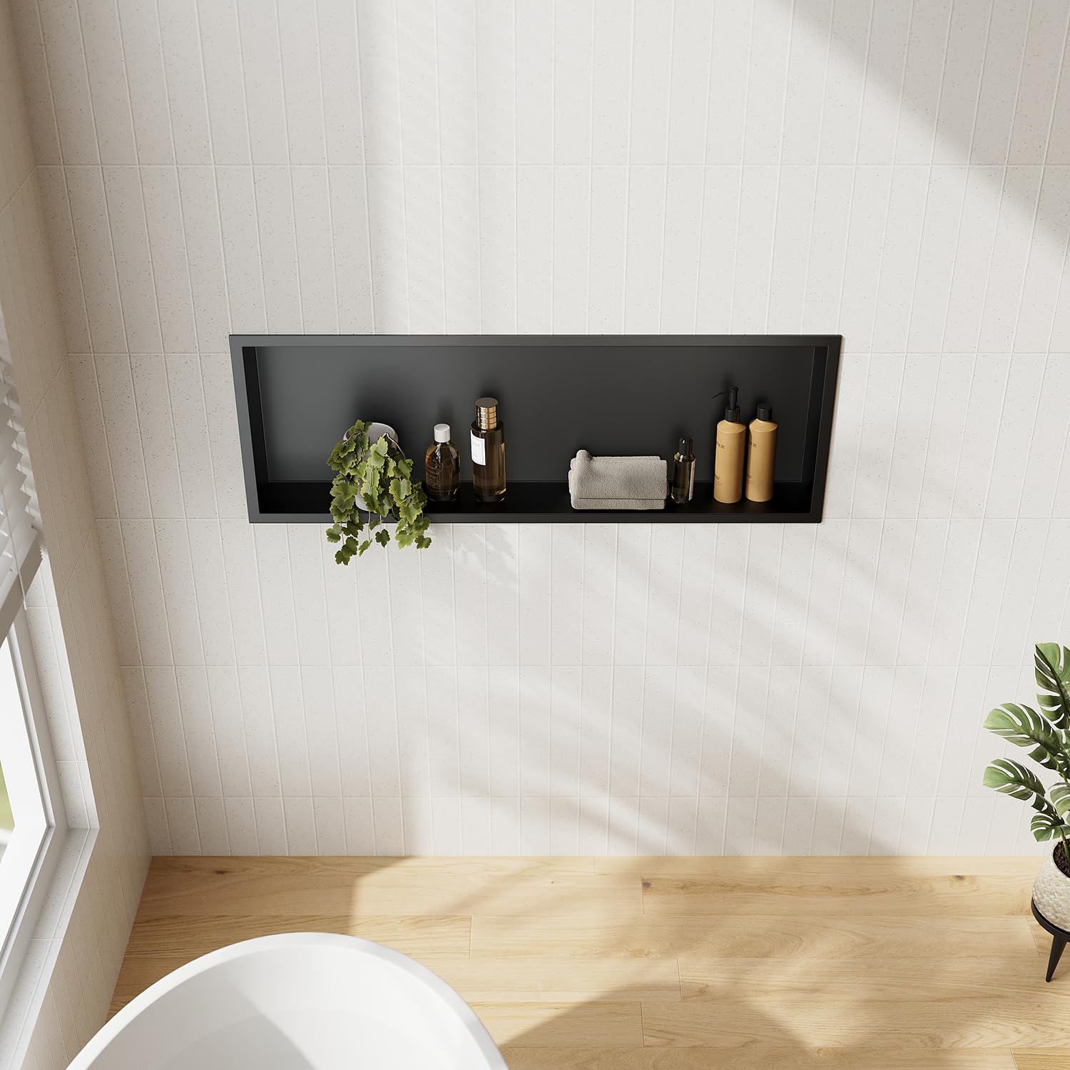 Niche Murale SUNXURY En Acier Inoxydable Noir Mat 90x30 Cm - Étagère De Douche Intégrée Pour Rangement Salle De Bain