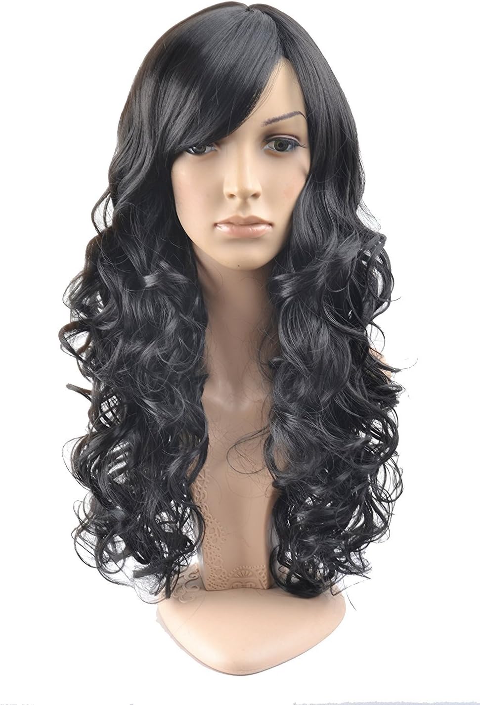 BERON Long Wavy Black Wig with Bangs for Women Adult Long Curly Black Wig Synthetic Wigs with Wigs Cap