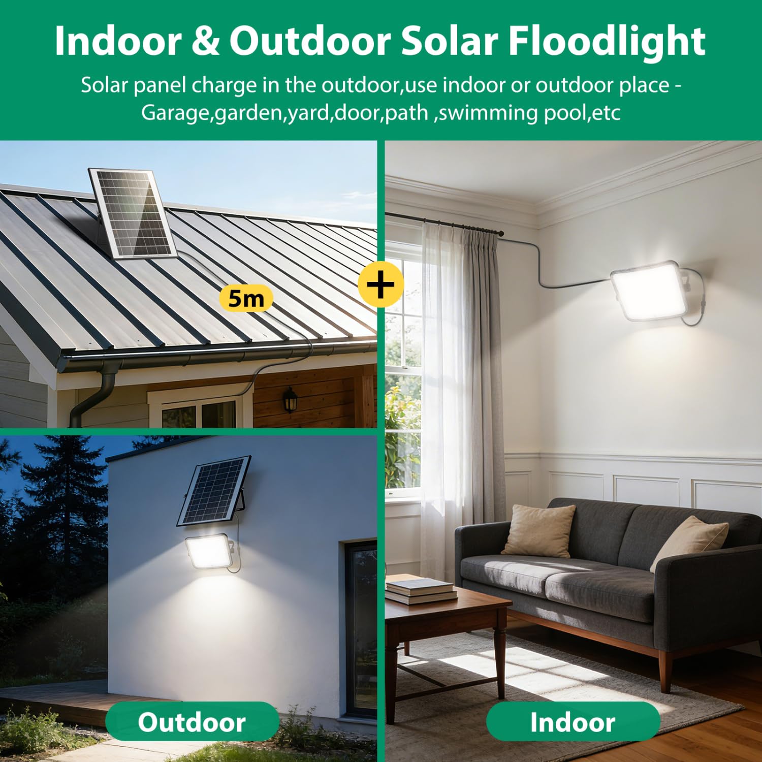 Aigostar Foco proyector LED con gran panel solar，Cable de 5m，150W，1500lm，10000mAH，Batería de gran capacidad.regulable 3000/4000/6500K.Uso interior/exterior IP65:Porches，Jardín，Camino，Piscina，2 Piezas
