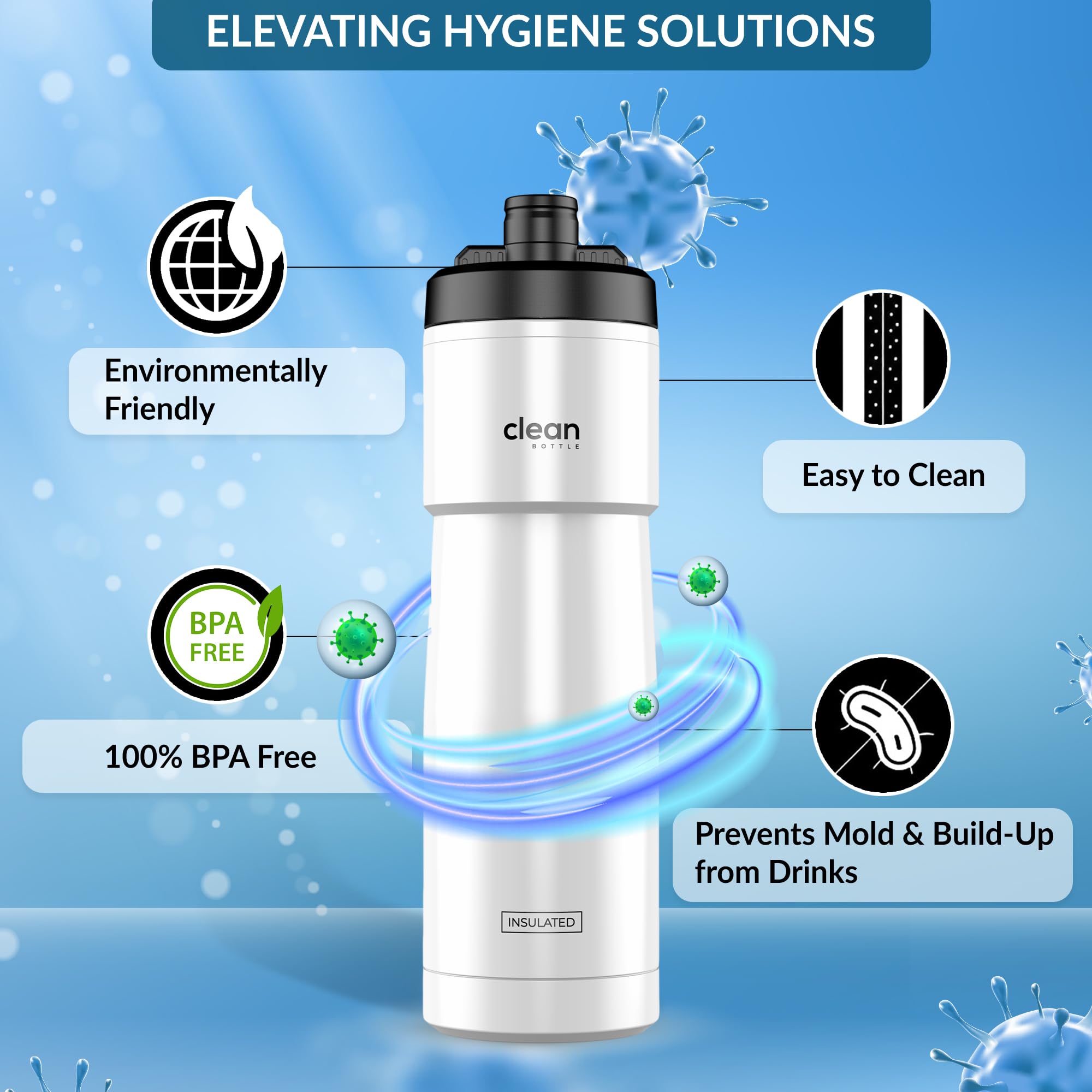 Clean Bottle Sport 23 Cycling Insulated Water Bottle, Easy Clean Nozzle, Silver Ion Infused Exterior, 23 oz, Matte Silver/White - Image 4