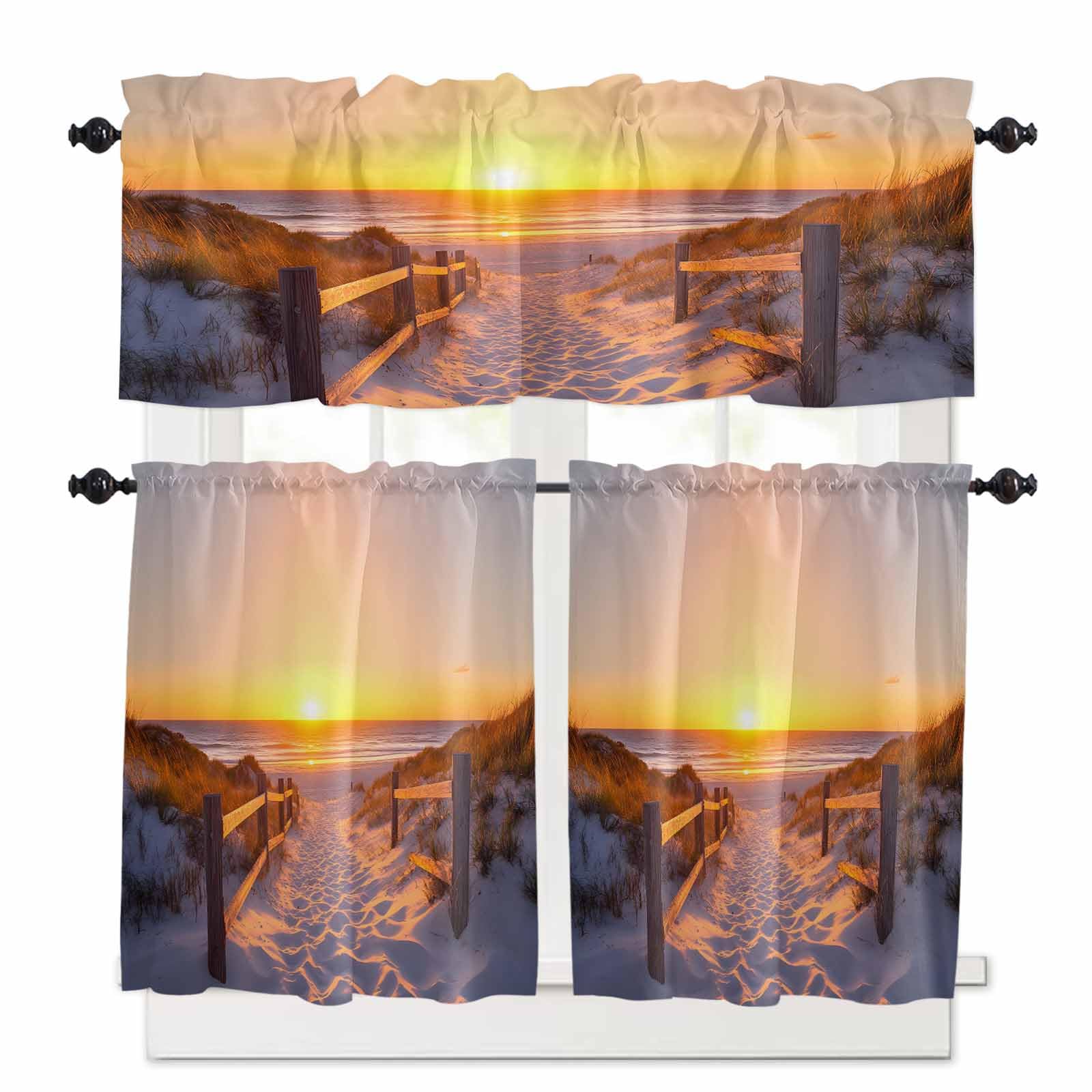 Summer Beach Kitchen Curtains 24 Inch Length, 3 Piece Rod Pocket Small Half Tiers and Valance Set, Sunset Nautical Ocean Sea Small Large Window Treatment Decor for Bedroom/Bathroom Sink