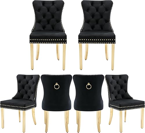 Miniatura 112 de Juego de 2 sillas de comedor, sillas de terciopelo copetudas con patas de acero inoxidable doradas, anillo de metal con ribete de remache, respaldo