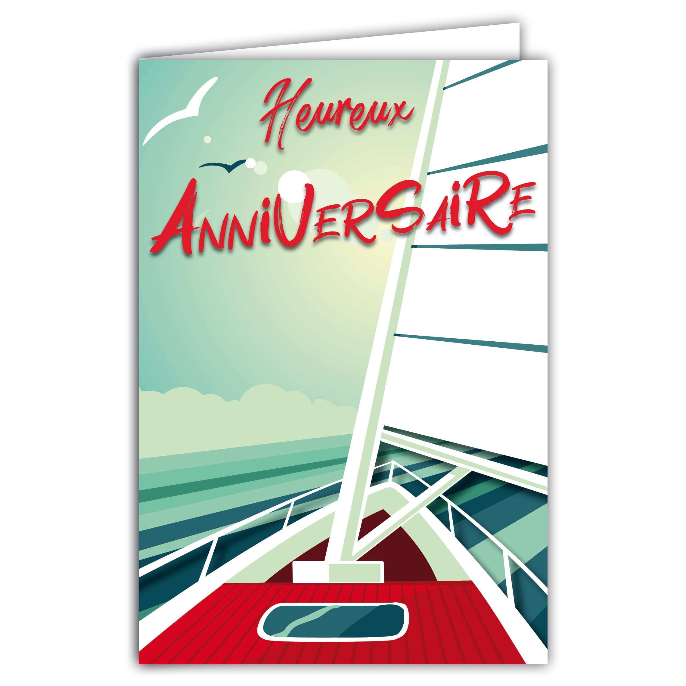 Afie Happy Birthday Card Sailing Boat Sea Ocean Marine Blue White Red Illustration with Envelope Format 12 x 17.5 cm 300 g Paper from sustainable forests. Made in France 69-8043