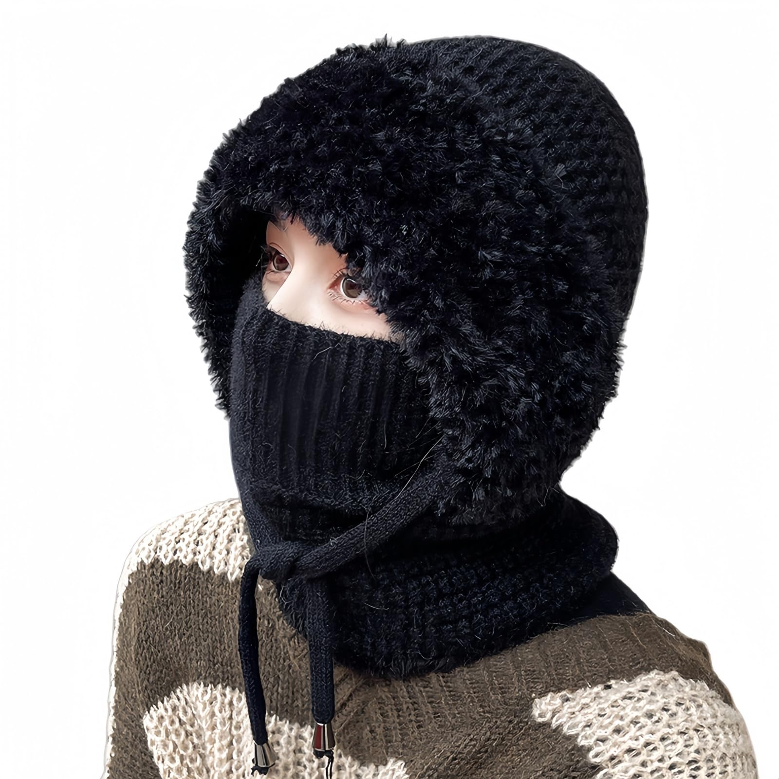 Generisch Gorro 3 en 1 con bufanda y máscara, gorro de punto para mujer, con forro polar, juego de máscaras de invierno