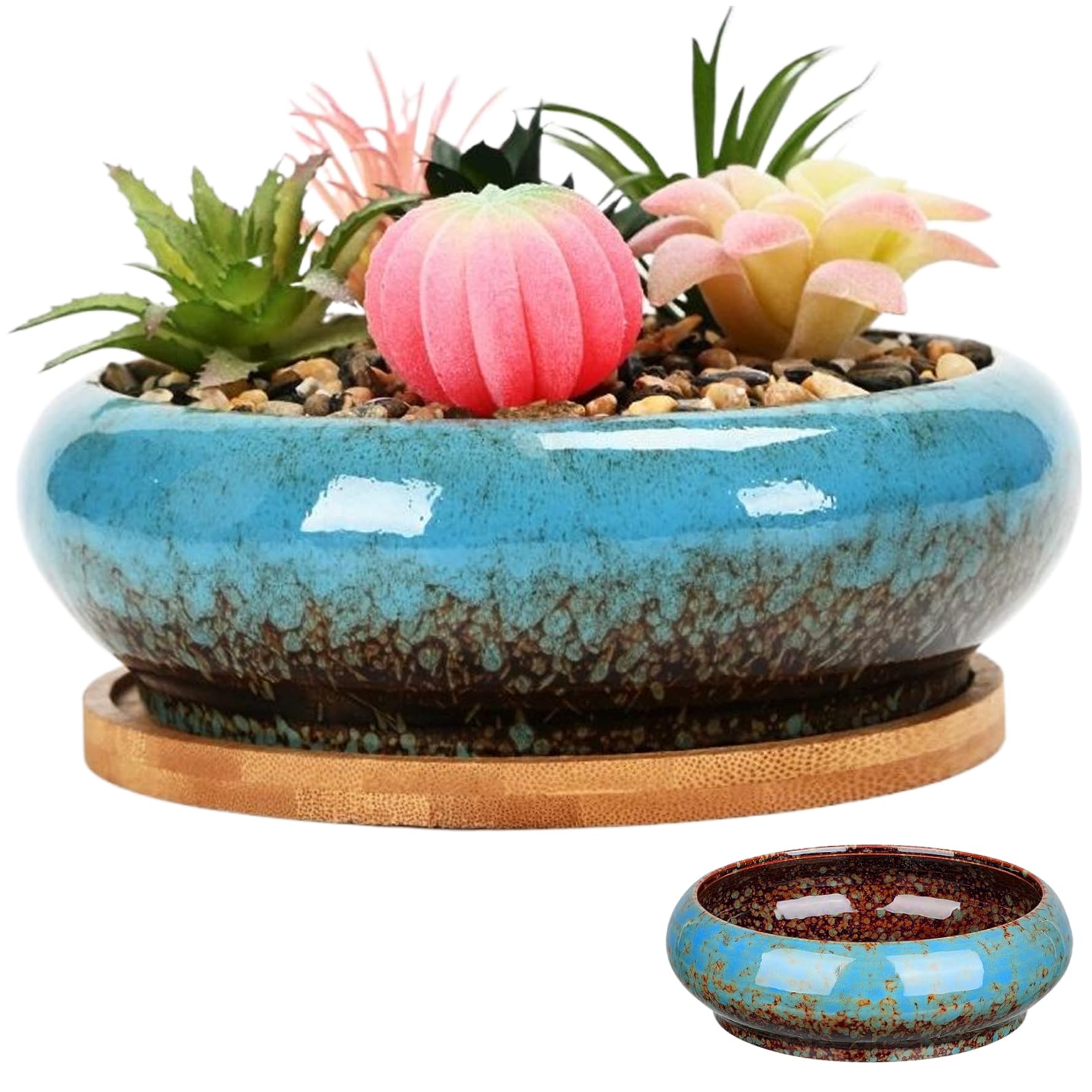 Mskmnkot Blue Lotus Bowl Planter Ceramic Glazed Lotus Bowl 7X2in Round Decorative Shallow Hydroponic Planter Without Drain For Water Lily,