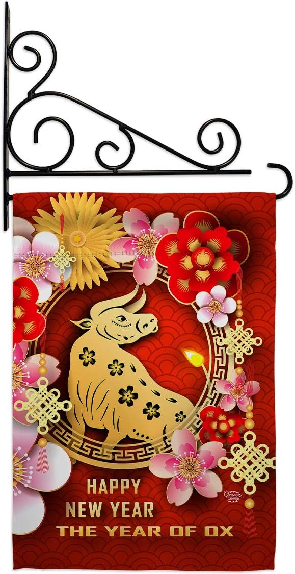 Year Of Ox Garden Flag Set Wall Holder New Lunar Good Luck Prosperous Seasonal Arrival Blessing Small Decorative Gift Yard House Banner Made In USA 13 X 18.5