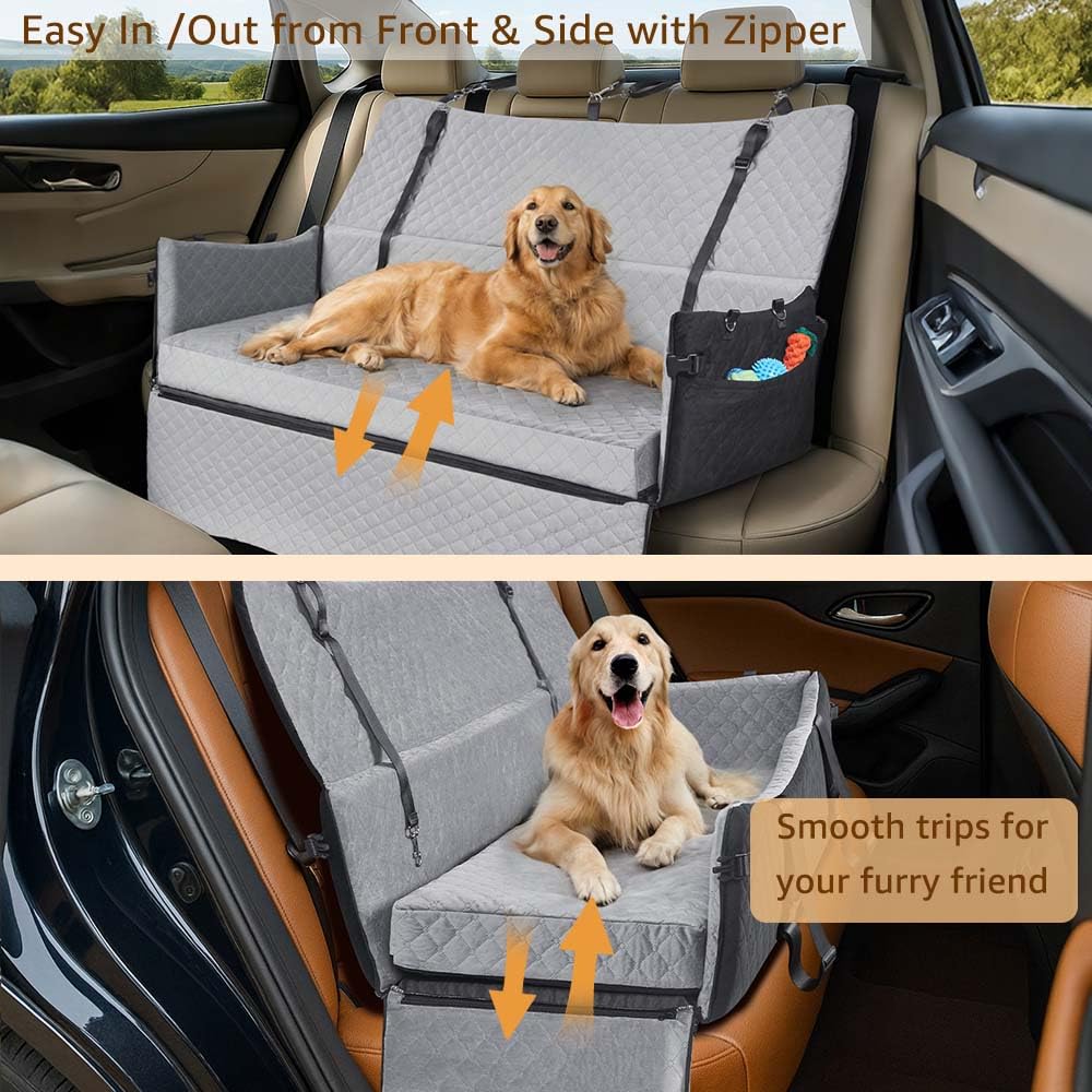 unipaws Asiento de coche para perros medianos/grandes de hasta 55 kg, asiento elevador para mascotas con 2 cinturones de seguridad y bolsillos laterales, fácil entrada frontal/lateral, cama