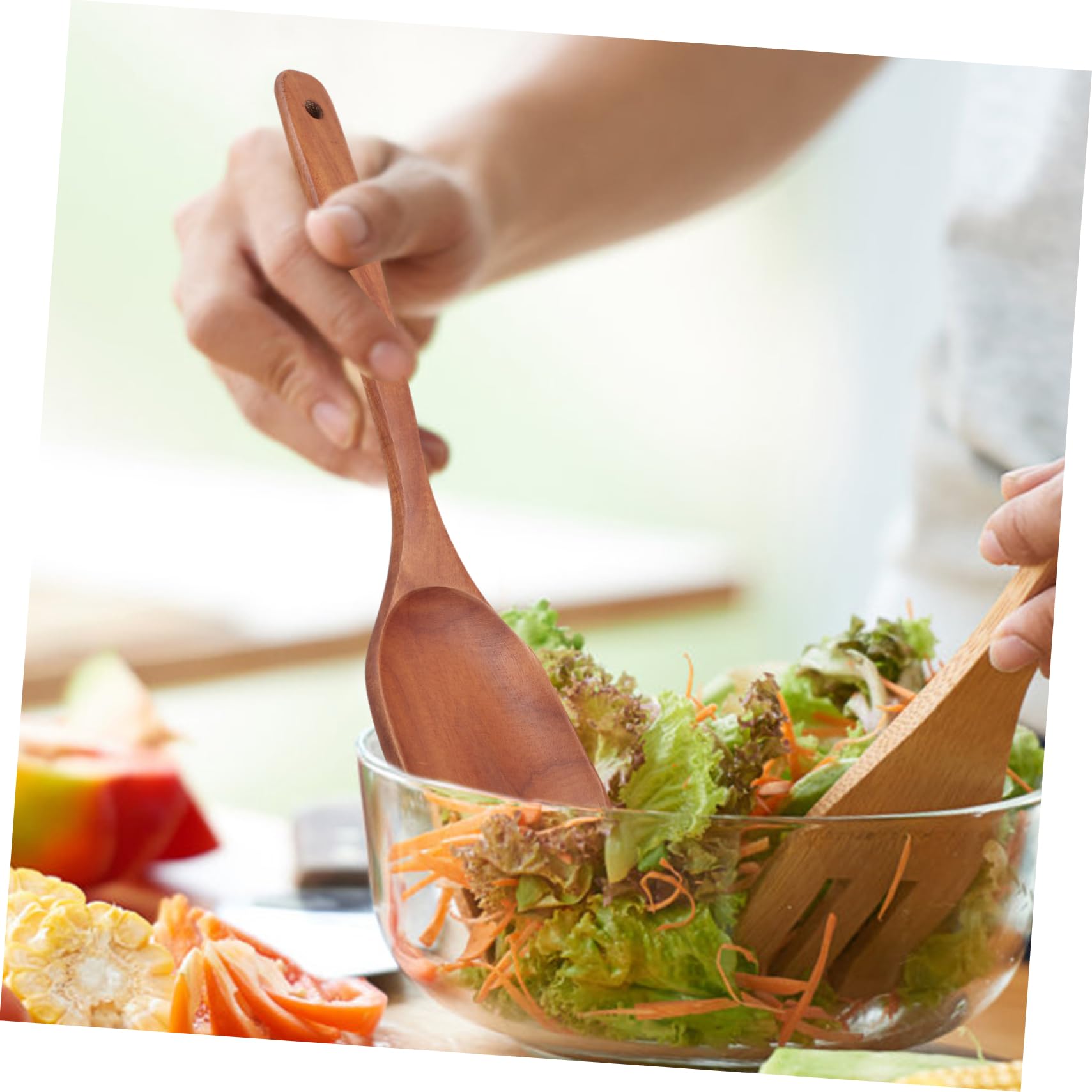 COSMEVIVI Wooden Salad Server Set 13.19 Inches Ergonomic Handle Mixing Spatula for Salad Kitchen Cookware Long Handle Utensil