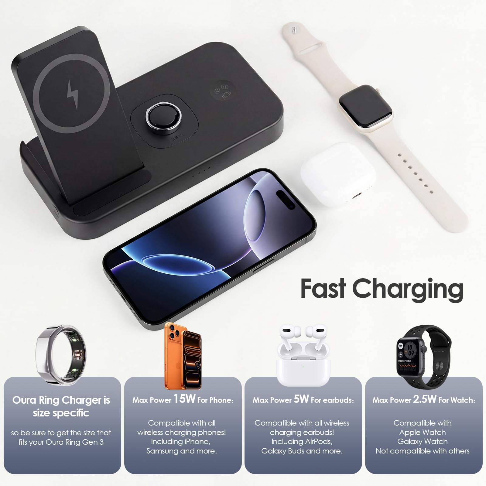 Station de charge rapide 4 en 1 pour chargeur Oura Ring Gen3, chargeur pour iPhone 17/16/15/14/13/12, Apple Watch, AirPods, Samsung Galaxy S25/S24/S23/S22/S21, Galaxy Watch Buds (taille 7)