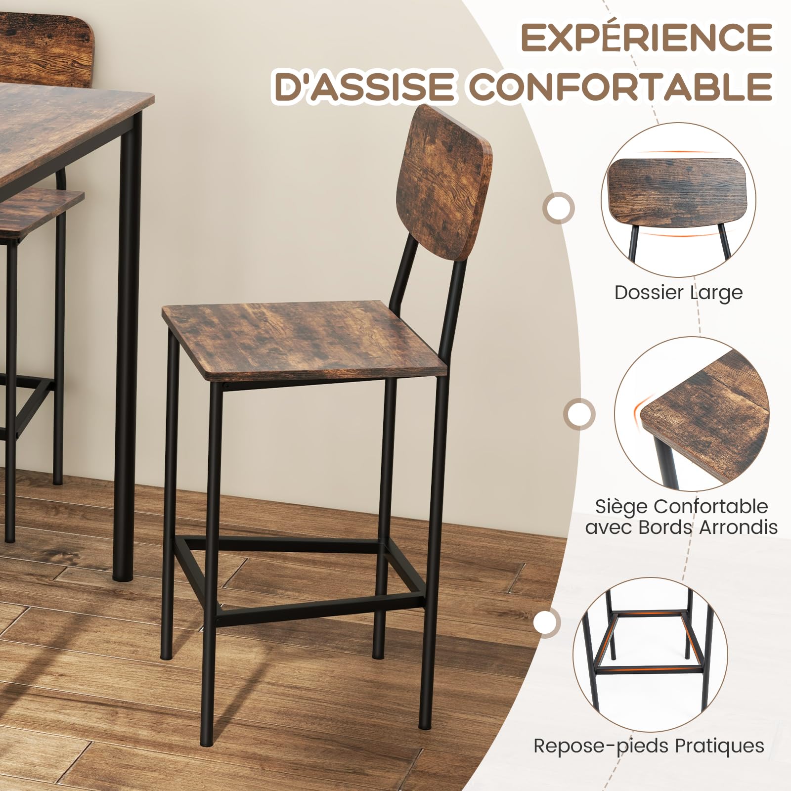 COSTWAY Ensemble Table et 4 Chaises, Table Haute Cuisine 90 x 90 cm, Tabouret avec Dossier, Mange Debout pour 4 Personnes, Design Compact, pour Cuisine, Bistro, Salon, Bar (Marron foncé)
