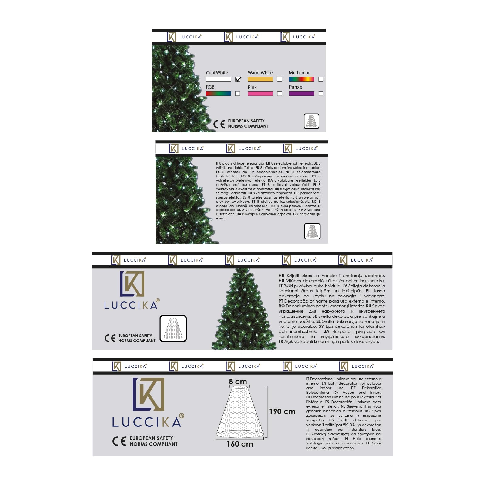 LUCCIKA® LED-Weihnachtsbaum-Umhang für den Innen- und Außenbereich, mit Speicher und 8 Lichtspielen (Eisweiß, 192 LEDs - für Bäume von 150 bis 180 cm Höhe)