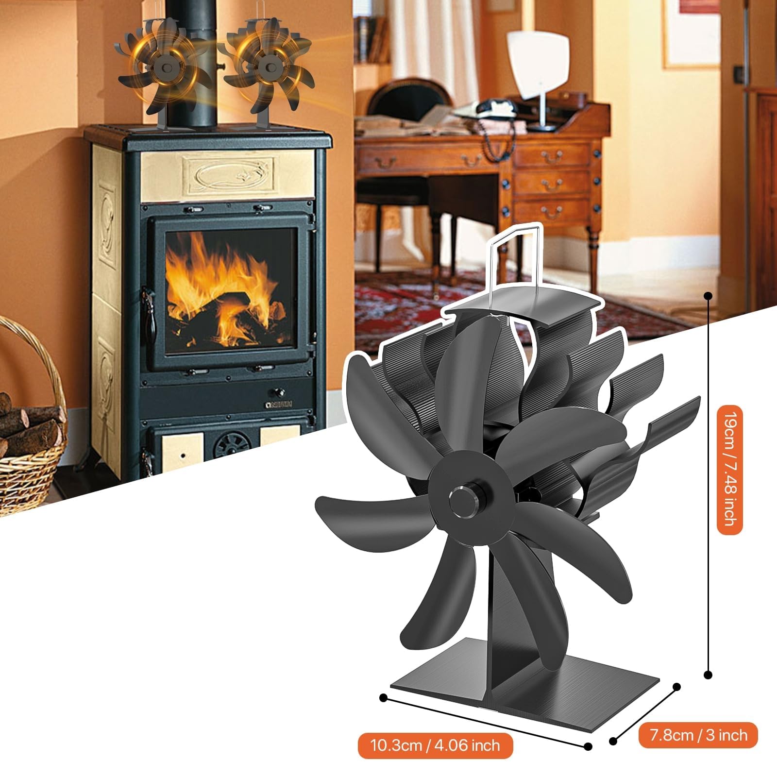 Ventilateur Poele à Bois, 7 Pales Silencieux Ventilateur Cheminée Alimenté Par la Chaleur pour Poêle à Bois/Cheminée/Gaz/Bûches de Poêle