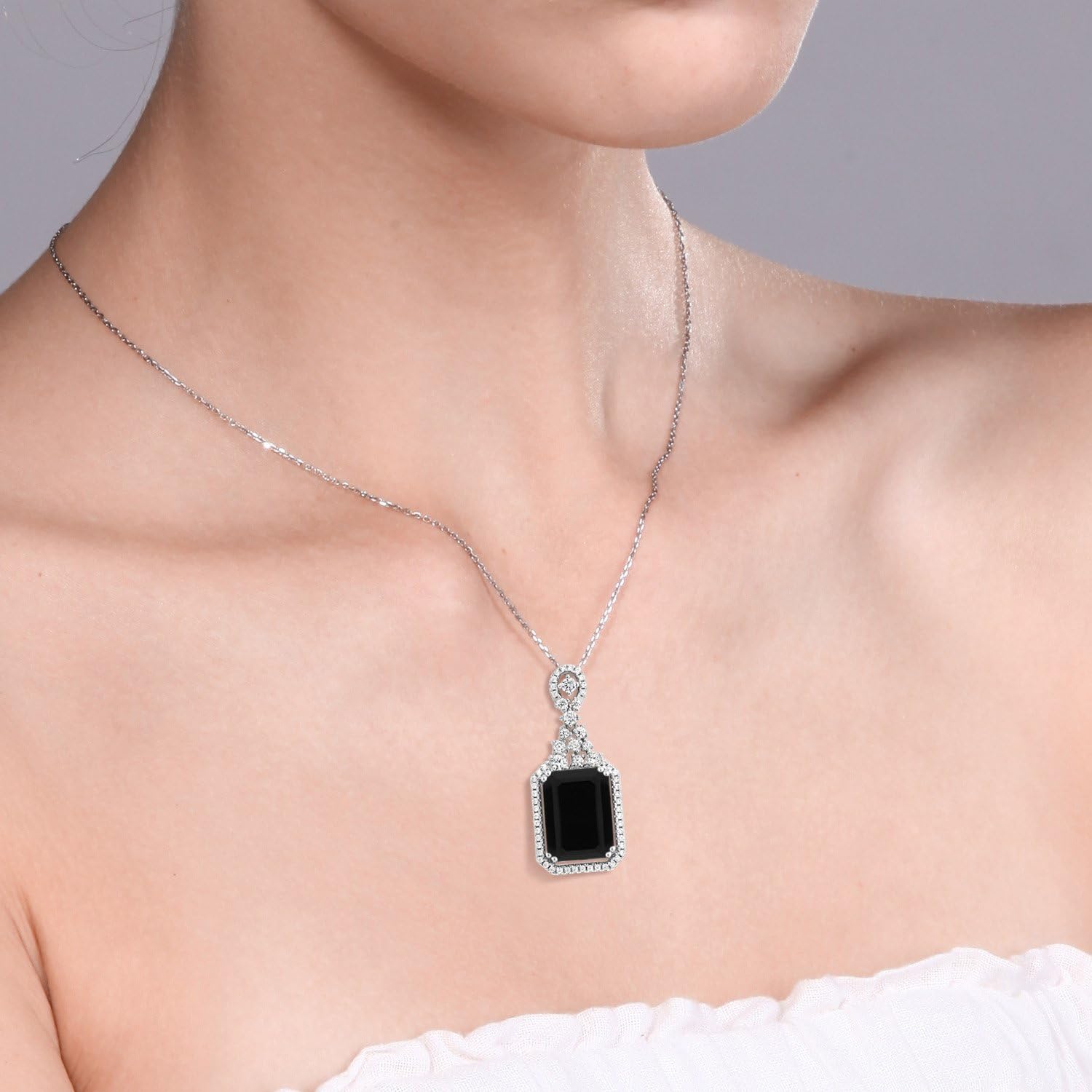 Miniatura 2 de Gem Stone King Collar con colgante de ónix negro de plata de ley 925 para mujer (5.60 quilates, piedra natal de piedras preciosas, corte esmeralda