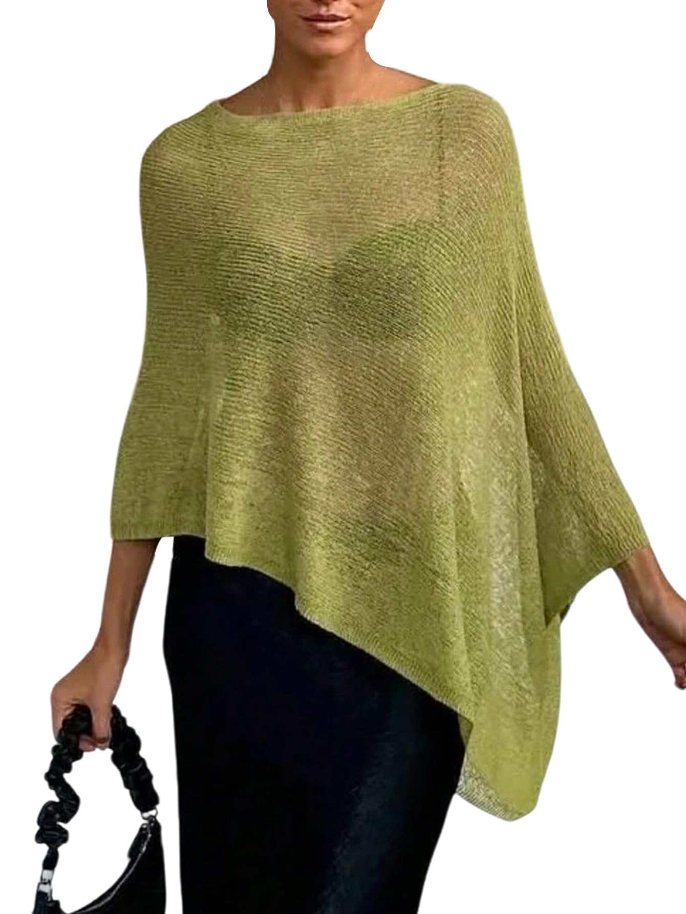 GORGLITTER Womens Sheer Knit Poncho Shawl Boat Neck Bat Wing Tops Lightweight Pullover Sweater 2025 Trendy