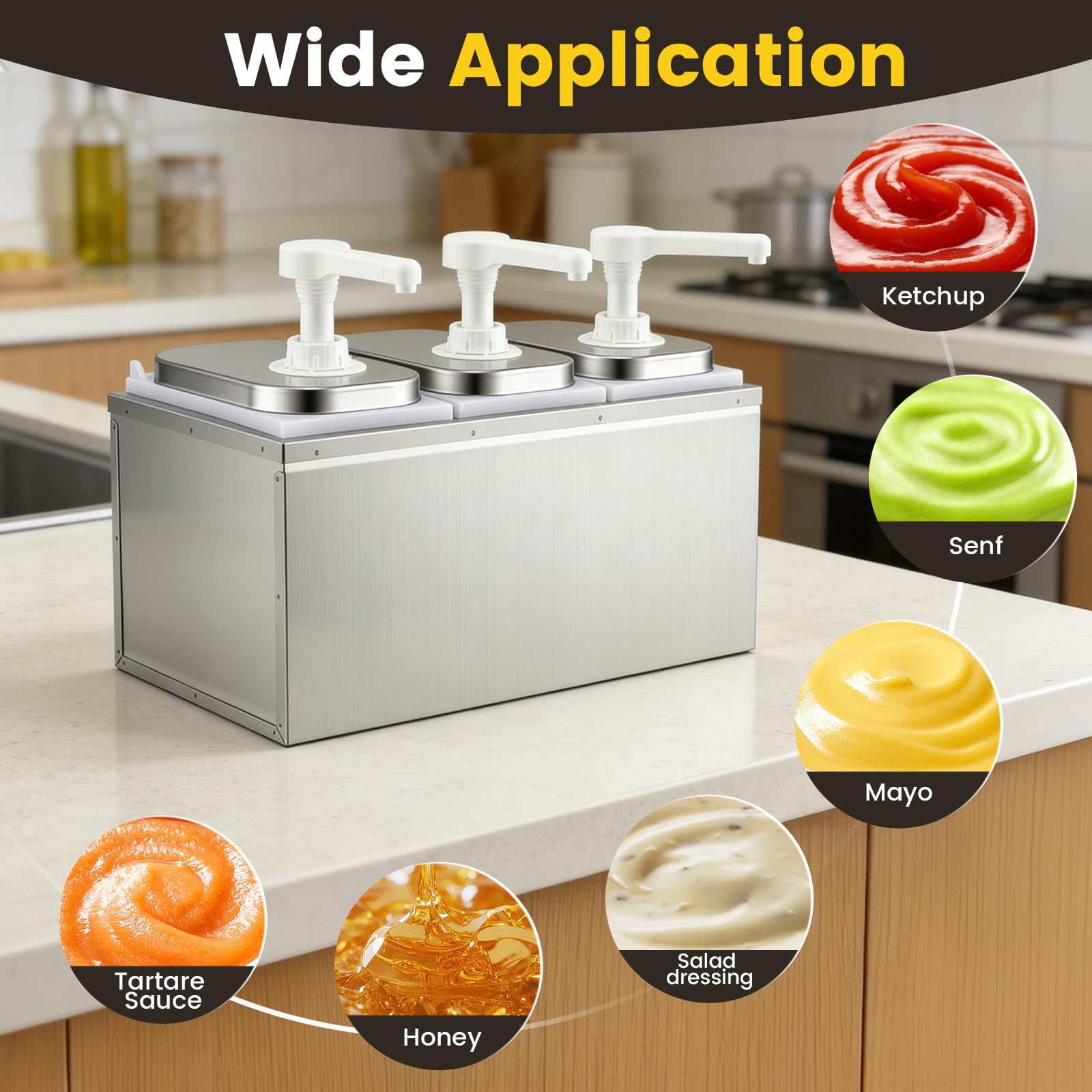 Station de Distribution de Sauces 6L avec 3 Têtes de Pompe, Distributeur Ketchup Inox Alimentaire & Anti-Goutte, Idéal pour Ketchup Mayonnaise Moutarde Miel, 3×2L Distributeur Sauce Gastro