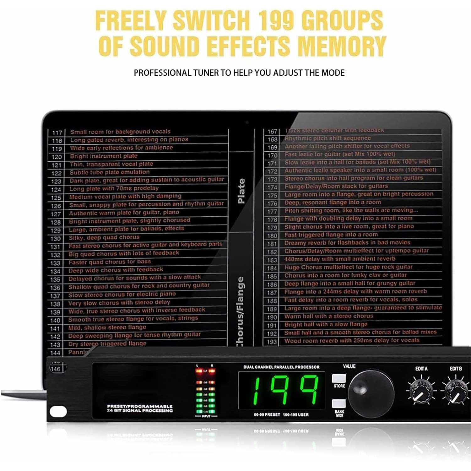 Profesjonalny procesor audio, procesor Digital Reverb Multi Effect z 99 wstępnie ustawionymi programami, wstępnie ustawione/programowalne 24-bitowe przetwarzanie sygnału do studia, na scenę
