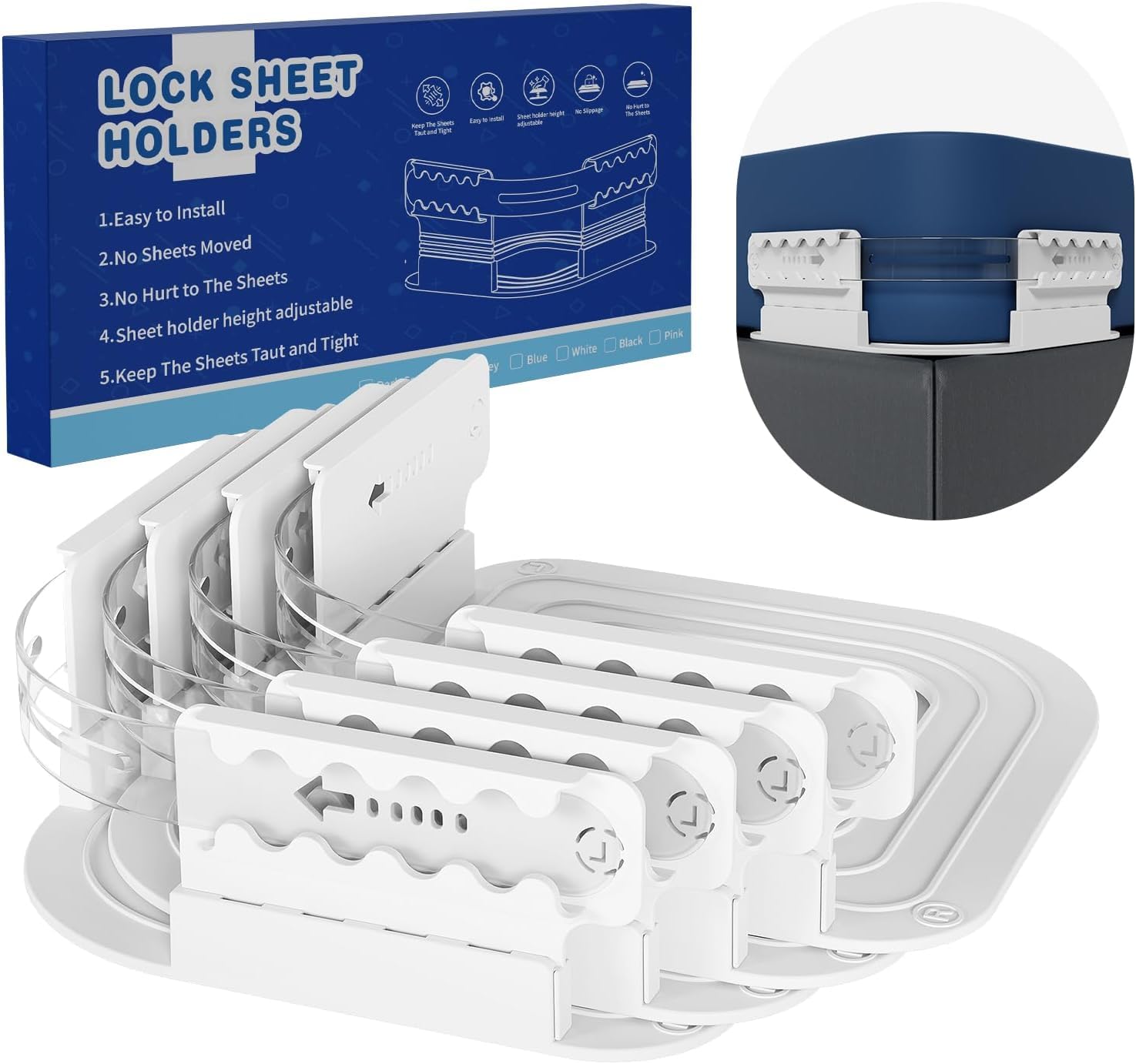 sheet holders - heavy duty bed sheet holders for corners with anti-slip straps - universal fitted sheet holder for all mattress sizes - no more loose sheets wrinkles or shifting