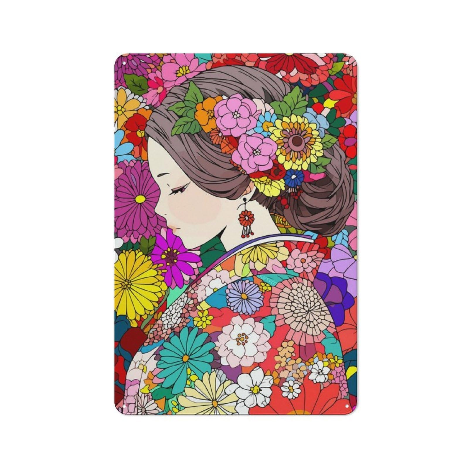 Junmoney Girls Japan Kimono Floral Rustic Metal Sign 30X20cm Featuring For Hallway Wall, For Collectors Decorating Hallways And Entrance Areas