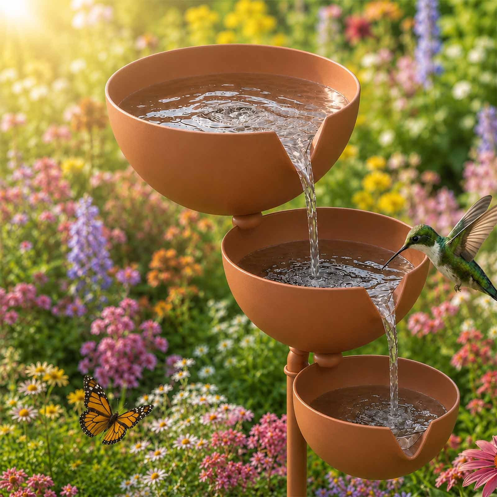 Rain Catcher Bird Bath Tiered - Bring Life Back to Your Garden, 3-Layer Self Filling Bird Bath Stake for Hummingbird Butterfly & Bee, Vintage Watering Station, for Garden Lawn Yard (Retro) — image 1