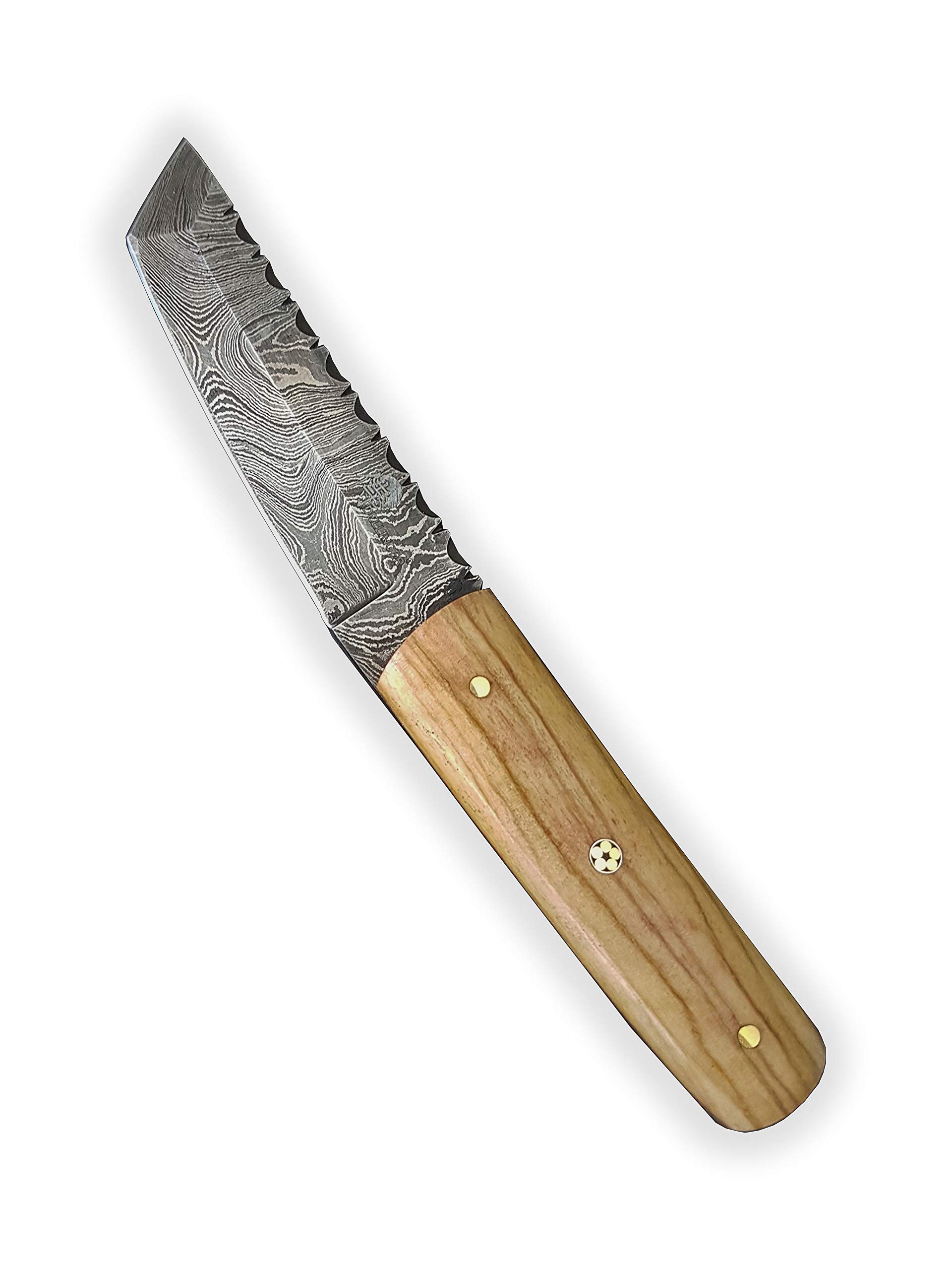DELLINGER Mini Tanto nóż ze stali damasceńskiej, nóż ze stali damasceńskiej, nóż do użytku na świeżym powietrzu, nóż ze stali damasceńskiej, ostrze 75 mm, łącznie ze skórzaną pochwą