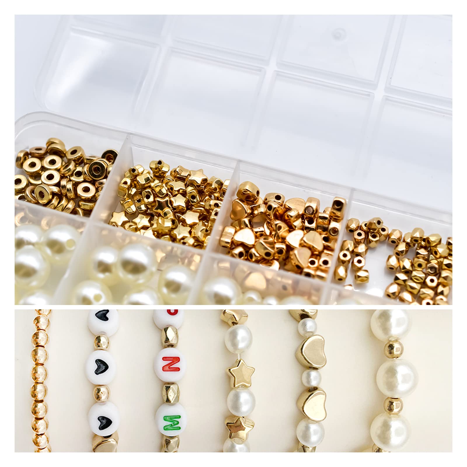 Skyzone Bead Making Kit - 720 PCS White Pearl & Gold Ball Heart Star Flat Spacer Beads for DIY Jewelry Crafts (10 Different Designs) 4