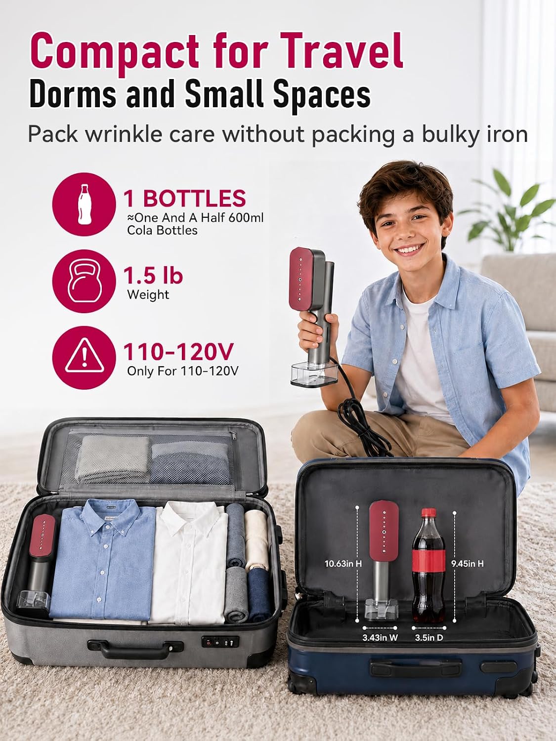 Steamer for Clothes, 1000W 2-in-1 Portable Steamer and Iron with 6 Modes & LED Display, 220ML Tank, Handheld Travel Garment Steamer for Clothes, 120V Travel Steam Iron, Grey Purple